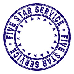 FIVE STAR SERVICE stamp seal watermark with grunge texture. Designed with round shapes and stars. Blue vector rubber print of FIVE STAR SERVICE text with grunge texture.