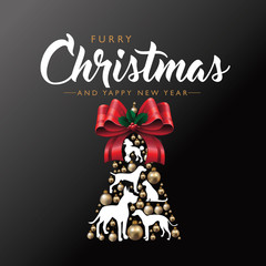 Pet Furry Christmas poster or greeting card with realistic golden Christmas baubles or ornaments, dog and cat silhouettes. Eps10 vector illustration.