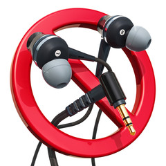 Forbidden symbol with earphones. 3D rendering