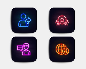 Neon set of Refer friend, Person talk and Business targeting icons. International recruitment sign. Share, Communication message, People and target aim. Business neon icons. Vector