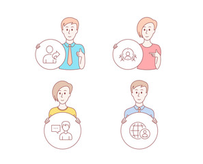 People hand drawn style. Set of Refer friend, Person talk and Business targeting icons. International recruitment sign. Share, Communication message, People and target aim. World business. Vector