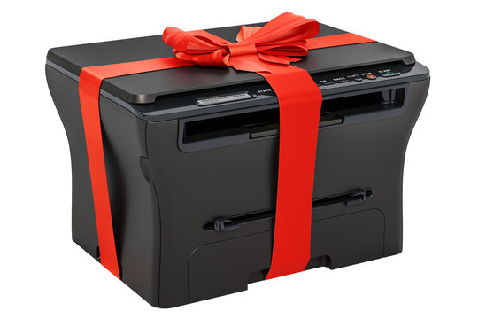 Multifunction printer MFP with ribbon and bow, gift concept. 3D rendering