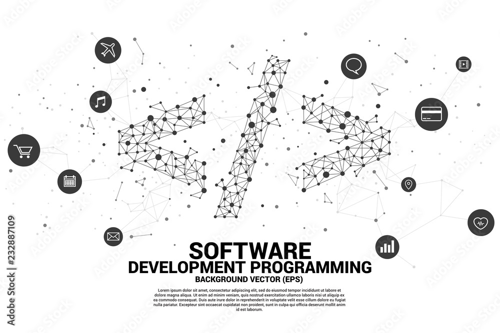 Fototapete Vector Polygon software development programming tag  with dot connect line and functional utility icon. Concept for Programming language technology and coding.