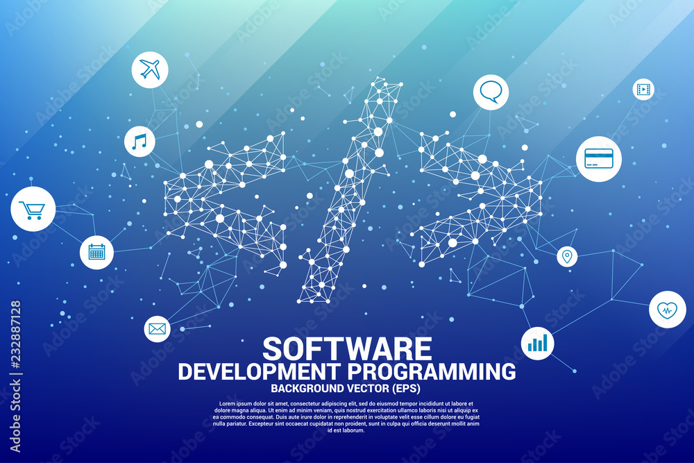 Fototapete Vector Polygon software development programming tag  with dot connect line and functional utility icon. Concept for Programming language technology and coding.