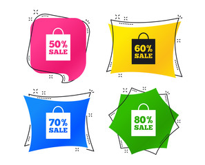 Sale bag tag icons. Discount special offer symbols. 50%, 60%, 70% and 80% percent sale signs. Geometric colorful sale tags. Banners with flat icons. Trendy design. Vector