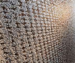 Fototapeta premium 3D wall of white and gold cubes. Decorative wall close up with beautiful lighting. 3D illustration.