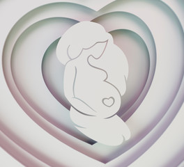 Pregnant girl on the background of hearts. Paper composition with a pregnant girl. 3D illustration.