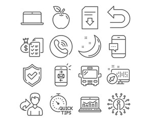 Set of Quick tips, Bus and Web analytics icons. Mail, Laptop and Accounting wealth signs. Undo, Smartphone message and Download file. Helpful tricks, Tourism transport, Statistics. Analytics vector