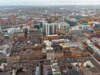Fototapeta na wymiar Leeds town centre aerial photo taken on a partly cloudy day.