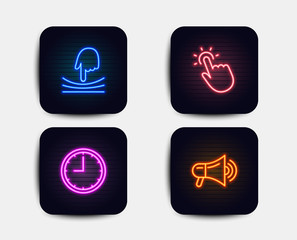 Neon set of Elastic, Touchpoint and Time icons. Megaphone sign. Resilience, Touch technology, Office clock. Advertisement. Neon time icons. Glowing light banners. Vector