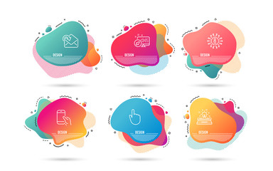 Dynamic liquid shapes. Set of Hold smartphone, Receive mail and Typewriter icons. Hand click sign. Phone call, Incoming message, Inspiration. Location pointer.  Gradient banners. Fluid abstract shapes