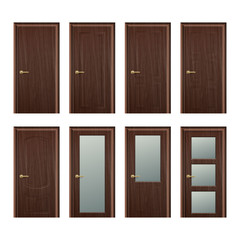 Vector realistic different closed brown wooden door icon set closeup isolated on white background. Elements of architecture. Design template for graphics, Front view
