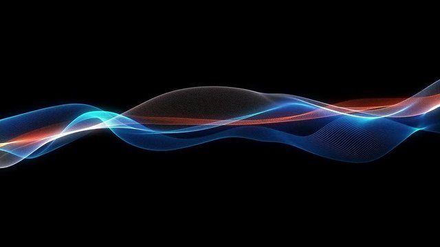 4K 60 fps. Abstract loopable wavy blue and red background. Flow of glowing neon particles. Cg animation.