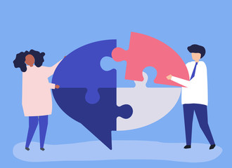 People carrying jigsaw pieces of a speech bubble