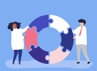 People carrying jigsaw pieces of a donut chart
