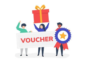 Character illustration of people holding voucher icons