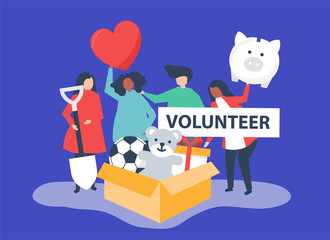 People volunteering and donating money and items  to a charitable cause