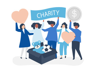 People volunteering and donating money and items  to a charitable cause