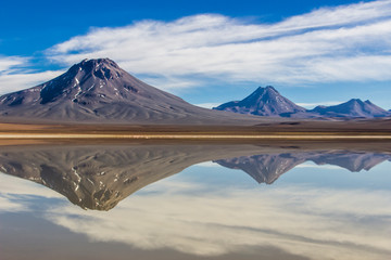 Amazing volcanoes reflections above the Lejia Lagoon waters at 4,500 masl inside the Atacama Desert...