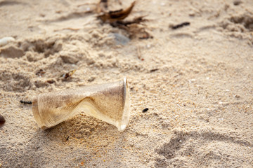 Dirty beach fully with plastic garbage and polluted environment.