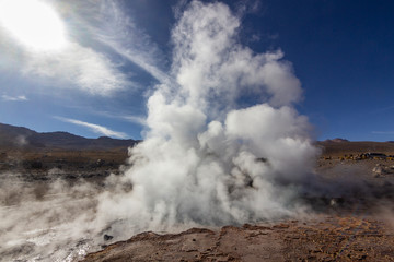 El Tatio Geysers at Atacama desert, amazing thermal waters at 4500 masl inside the Andes a place with an awe geothermal activity below the ground. Volcanic activity at Atacama , Chile