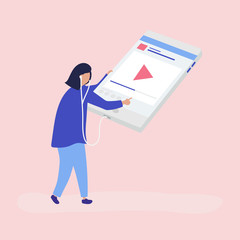 Woman character listening to music on a digital tablet