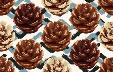 Vintage seamless autumn pattern background with pine cones. Botanical wallpaper, raster illustration in super High resolution.