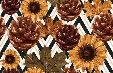 Vintage seamless autumn pattern background with sunflower, pinecones and leaves. Botanical wallpaper, raster illustration in super High resolution.