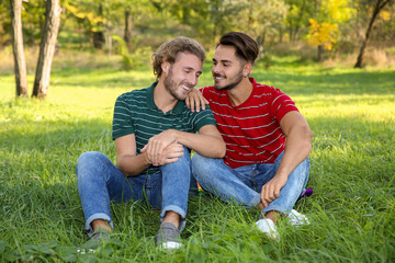 Naklejka na ściany i meble Portrait of happy gay couple sitting on grass in park