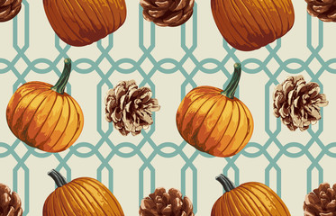 Printable seamless vintage autumn repeat pattern background with pine cones and pumpkins. Botanical wallpaper, raster illustration in super High resolution.
