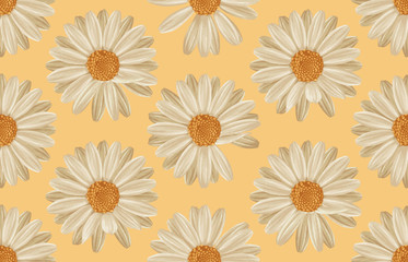 Printable seamless vintage repeat pattern background with white daisies. Botanical wallpaper, raster illustration in super High resolution.
