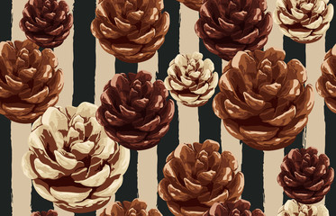 Printable seamless vintage autumn repeat pattern background with pine cone. Botanical wallpaper, raster illustration in super High resolution.