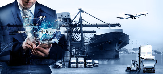 Smart technology concept with global logistics partnership Industrial Container Cargo freight ship,...