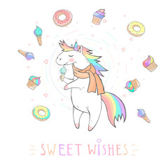 Vector illustration of hand drawn cute unicorn with stars and text -  SWEET WISHES on withe background. Cartoon style. Colored.