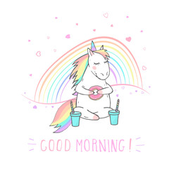 Vector illustration of hand drawn cute unicorn with coffee, donut and text - COOD MORNING on withe background. Cartoon style. Colored.