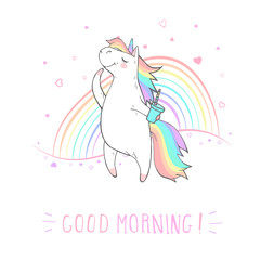 Vector illustration of hand drawn cute unicorn with coffee and text - COOD MORNING on withe background. Cartoon style. Colored.