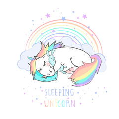 Vector illustration of hand drawn sleeping unicorn with bunny toy and text - SLEEPING UNICORN on withe background. Cartoon style. Colored.