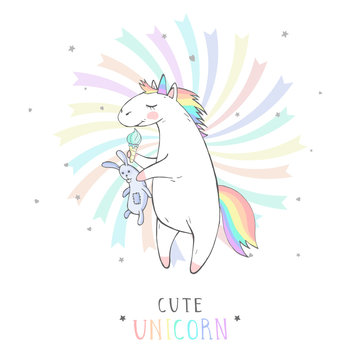Vector illustration of hand drawn cute unicorn with bunny toy and text - CUTE UNICORN on withe background. Cartoon style. Colored.