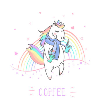 Vector illustration of hand drawn cute unicorn with coffee and text - COFFEE on withe background. Cartoon style. Colored.