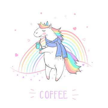 Vector illustration of hand drawn cute unicorn in scarf with coffee and text - COFFEE on withe background. Cartoon style. Colored.