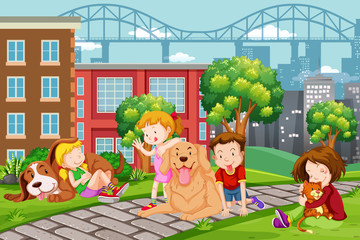 Children with pet at the park