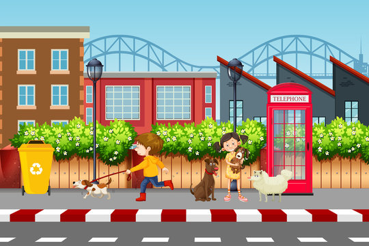 children and dogs ubran scene