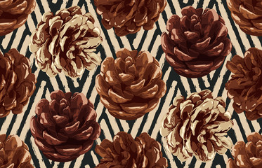 Printable seamless vintage autumn repeat pattern background with pine cone. Botanical wallpaper, raster illustration in super High resolution.
