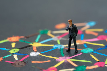 Anti social man, business connection or social network concept, miniature people businessman...