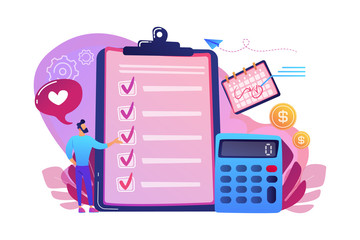 Financial analyst planning at checklist on clipboard, calculator and calendar. Budget planning, balanced budget, company budget management concept. Bright vibrant violet vector isolated illustration