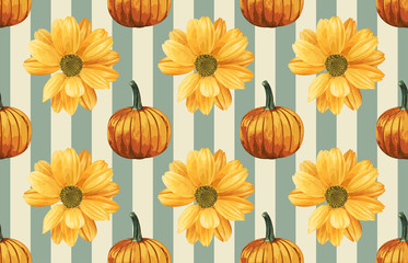 Printable seamless vintage repeat pattern background with yellow chrysanthemum flowers and pumpkins. Botanical wallpaper, raster illustration in super High resolution.