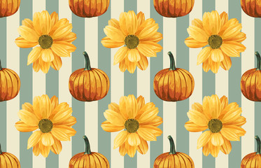 Printable seamless vintage repeat pattern background with yellow chrysanthemum flowers and pumpkins. Botanical wallpaper, raster illustration in super High resolution.