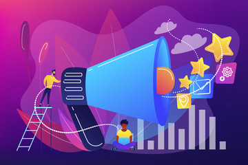Businessman with megaphone promote media icons. Sales promotion and marketing, pomotion strategy and products concept on ultraviolet background. Bright vibrant violet vector isolated illustration