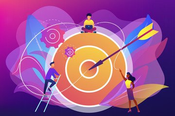 Businessmen working and woman at big target with arrow. Goals and objectives, business grow and plan, goal setting concept on ultraviolet background. Bright vibrant violet vector isolated illustration