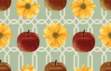 Printable seamless vintage autumn repeat pattern background with red apples and chrysanthemum flowers. Botanical wallpaper, raster illustration in super High resolution.